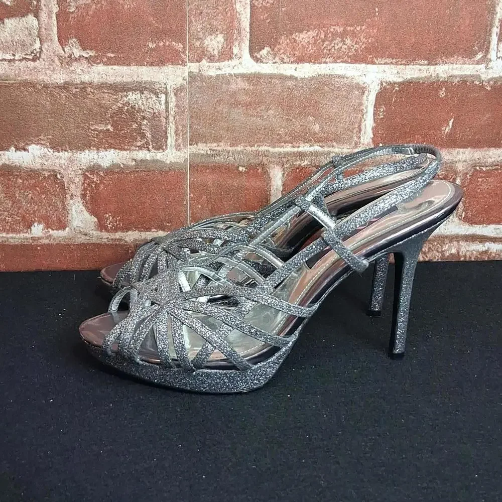 Nina New York Heels Womens Size 7.5 Silver Sparkle Strappy - Picture 3 of 5